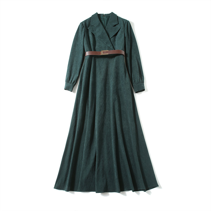 CM-DY022806 Women Elegant European Style Suit Collar Long Sleeve High Waist Midi Dress - Olive Green
