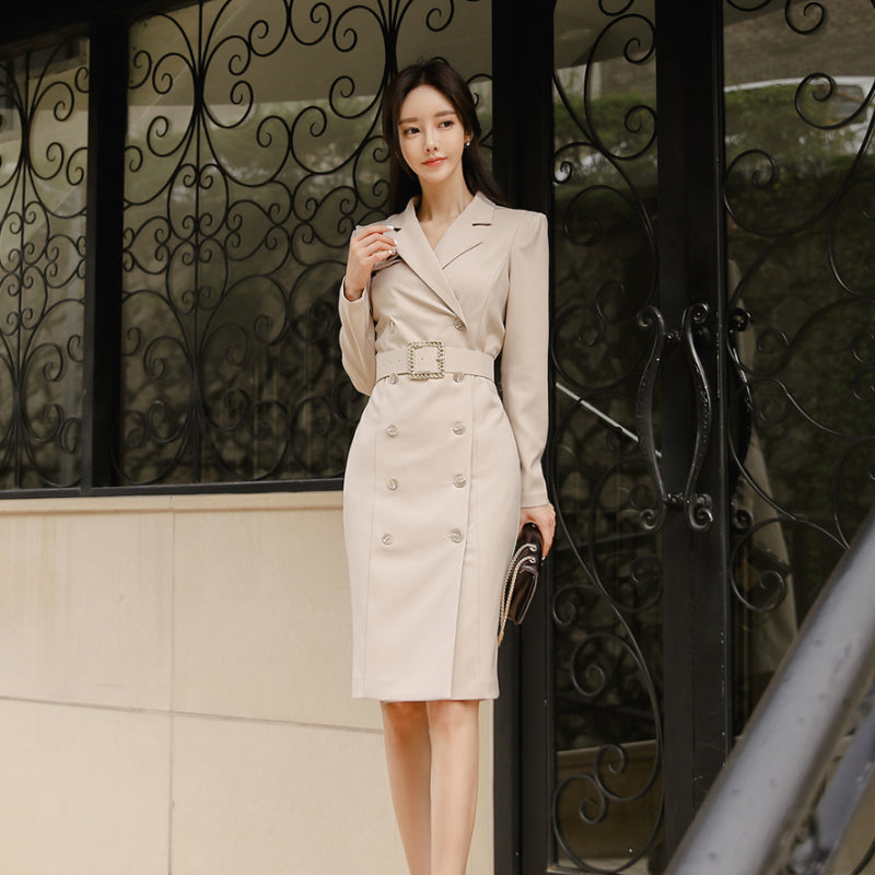 CM-DY022919 Women Elegant Seoul Style Suit Collar Long Sleeve Double Breasted Midi Dress - Apricot