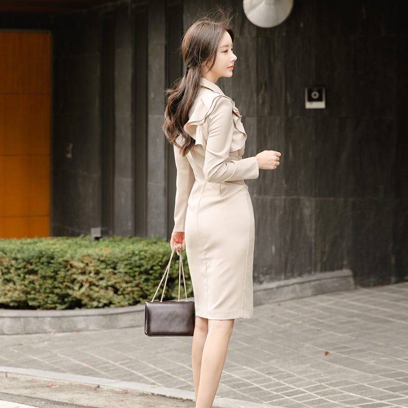 CM-DY022919 Women Elegant Seoul Style Suit Collar Long Sleeve Double Breasted Midi Dress - Apricot