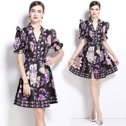 CM-DY022922 Women Retro European Style V-Neck Short Sleeve Floral Print Mini Dress