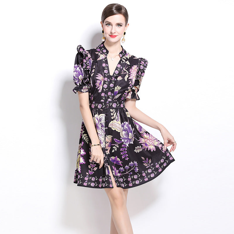 CM-DY022922 Women Retro European Style V-Neck Short Sleeve Floral Print Mini Dress