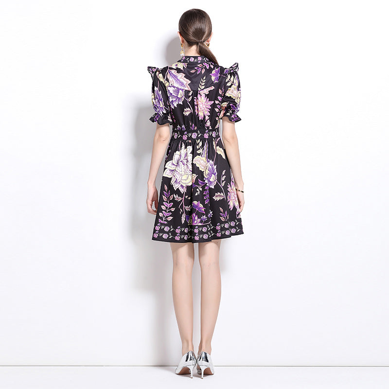 CM-DY022922 Women Retro European Style V-Neck Short Sleeve Floral Print Mini Dress