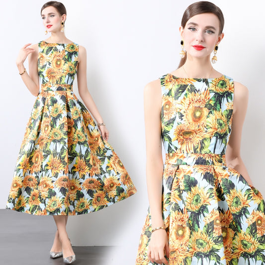 CM-DY022925 Women Elegant European Style Round Neck Sleeveless High Waist A-Line Dress