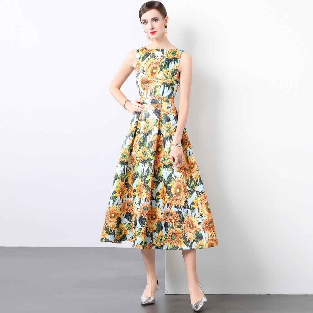 CM-DY022925 Women Elegant European Style Round Neck Sleeveless High Waist A-Line Dress