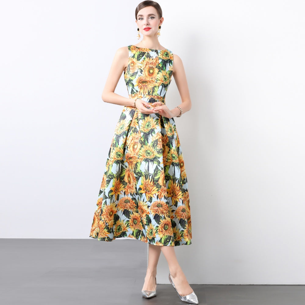CM-DY022925 Women Elegant European Style Round Neck Sleeveless High Waist A-Line Dress
