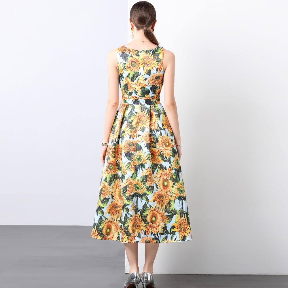 CM-DY022925 Women Elegant European Style Round Neck Sleeveless High Waist A-Line Dress