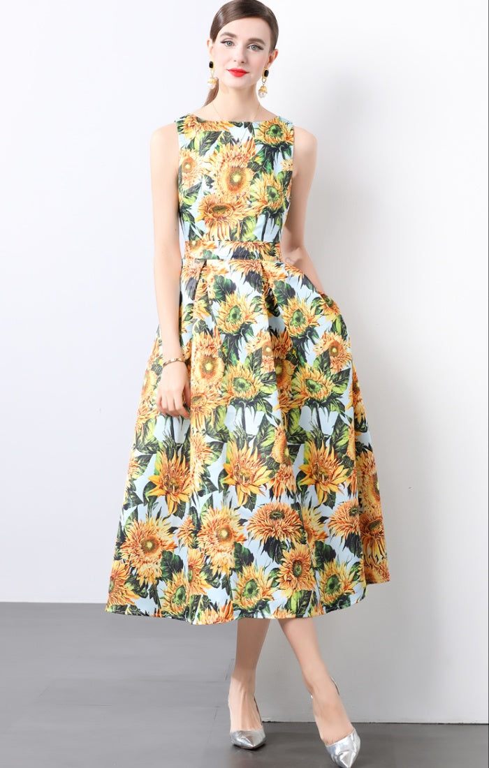 CM-DY022925 Women Elegant European Style Round Neck Sleeveless High Waist A-Line Dress