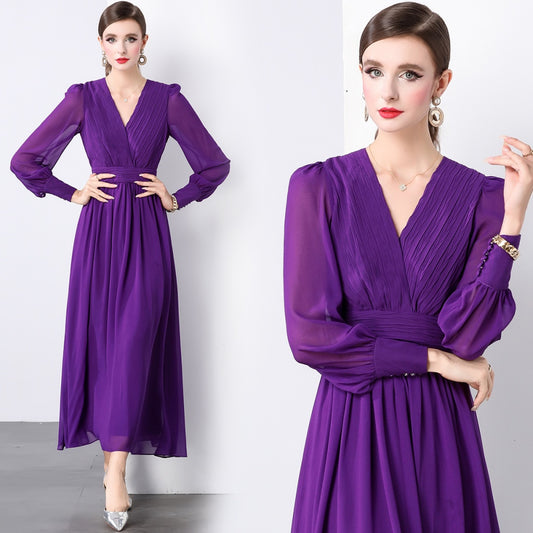CM-DY022926 Women Elegant European Style V-Neck Long Sleeve A-Line Maxi Dress - Purple