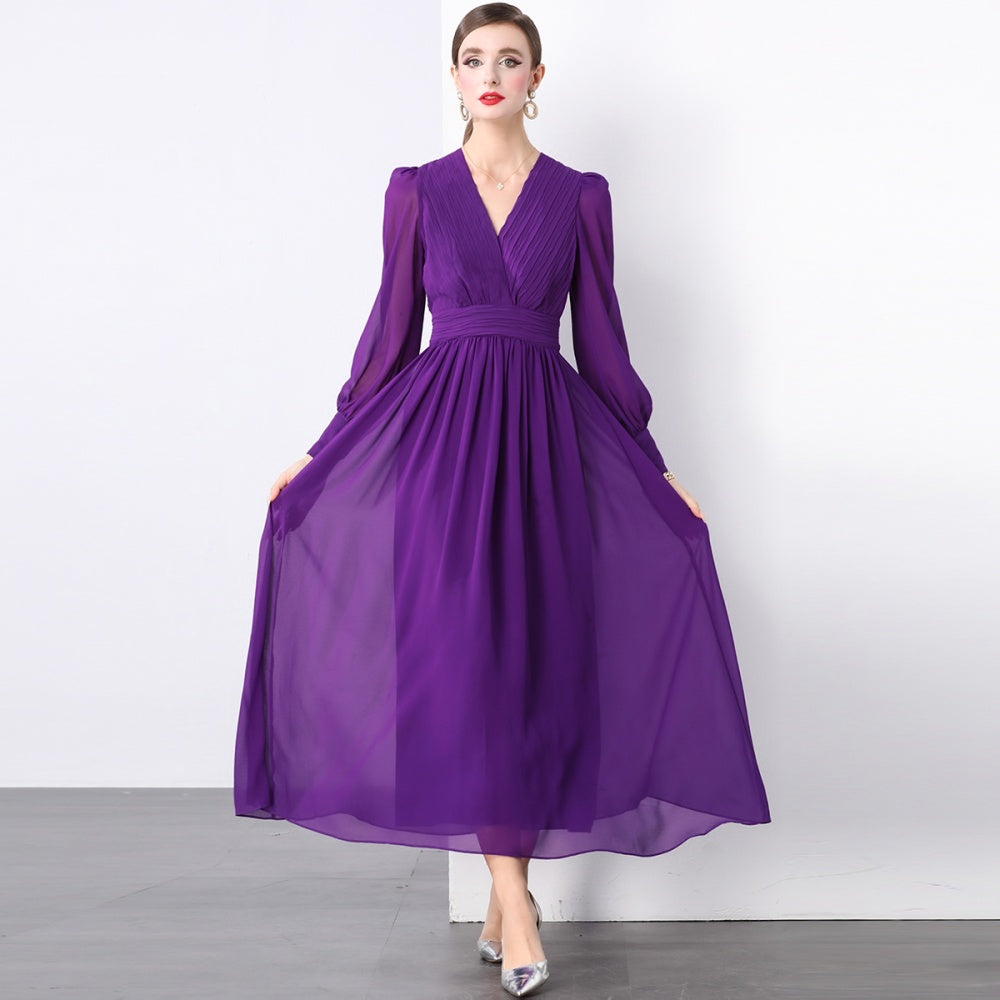 CM-DY022926 Women Elegant European Style V-Neck Long Sleeve A-Line Maxi Dress - Purple
