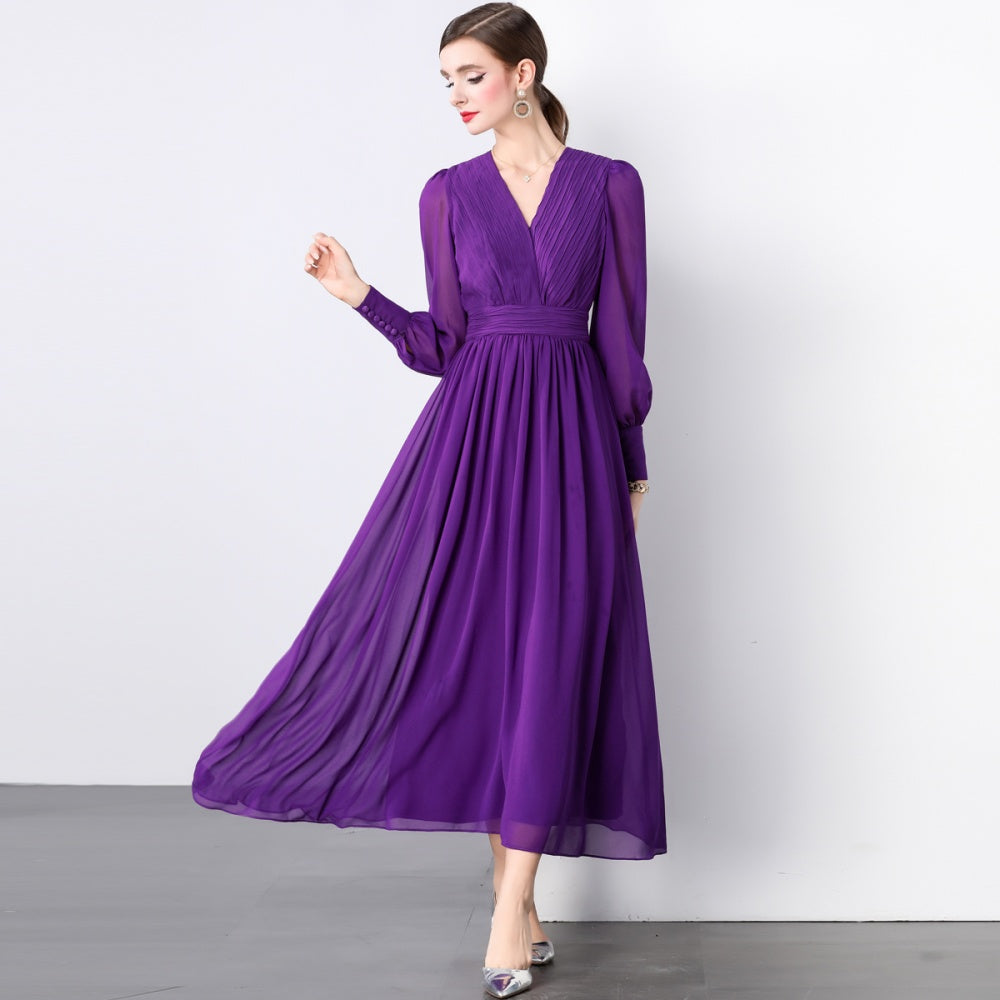 CM-DY022926 Women Elegant European Style V-Neck Long Sleeve A-Line Maxi Dress - Purple