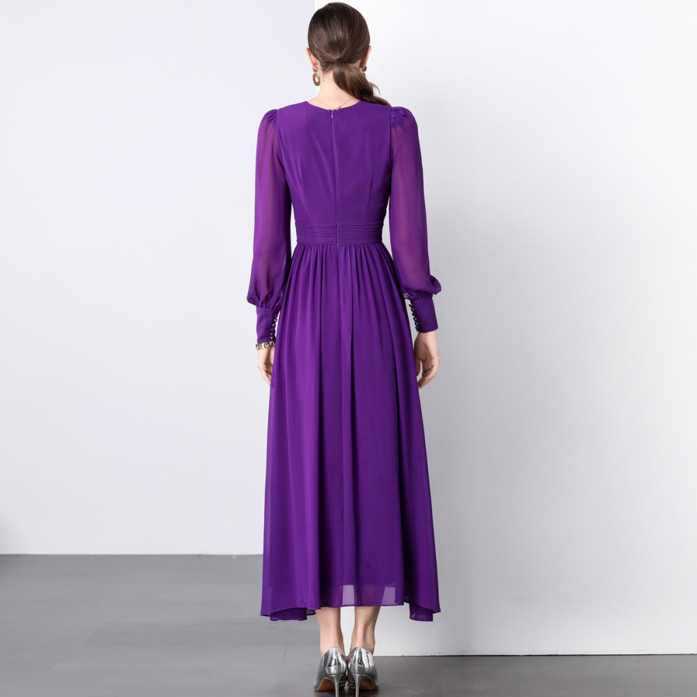 CM-DY022926 Women Elegant European Style V-Neck Long Sleeve A-Line Maxi Dress - Purple