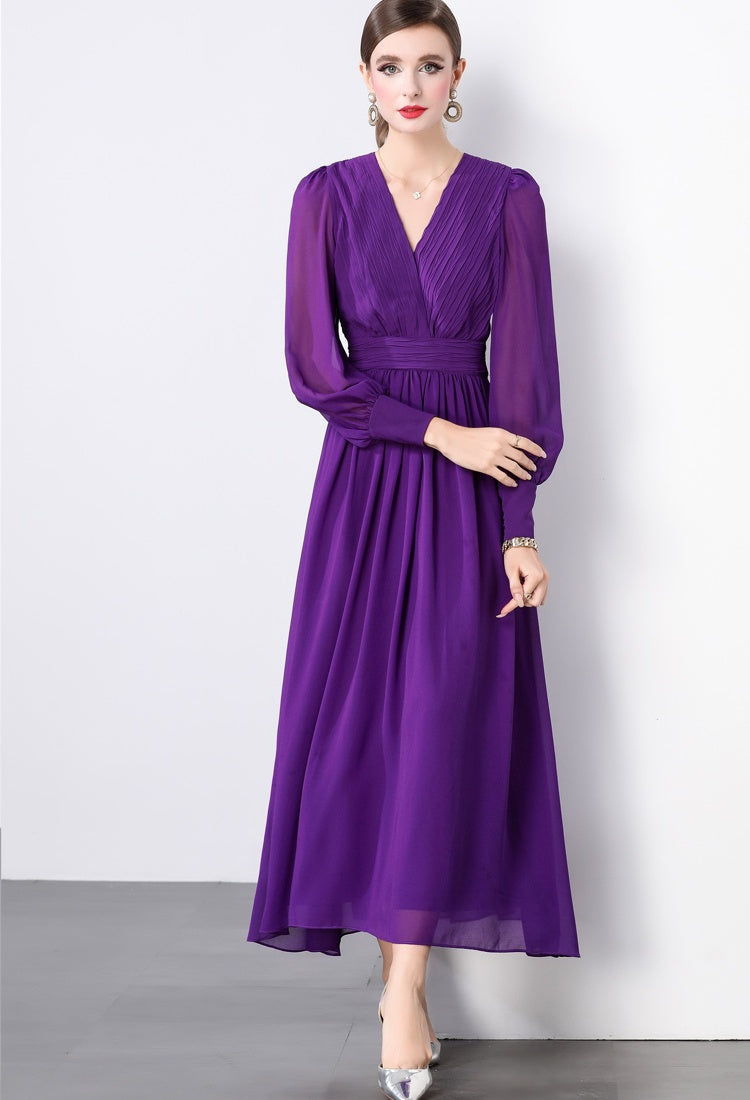 CM-DY022926 Women Elegant European Style V-Neck Long Sleeve A-Line Maxi Dress - Purple