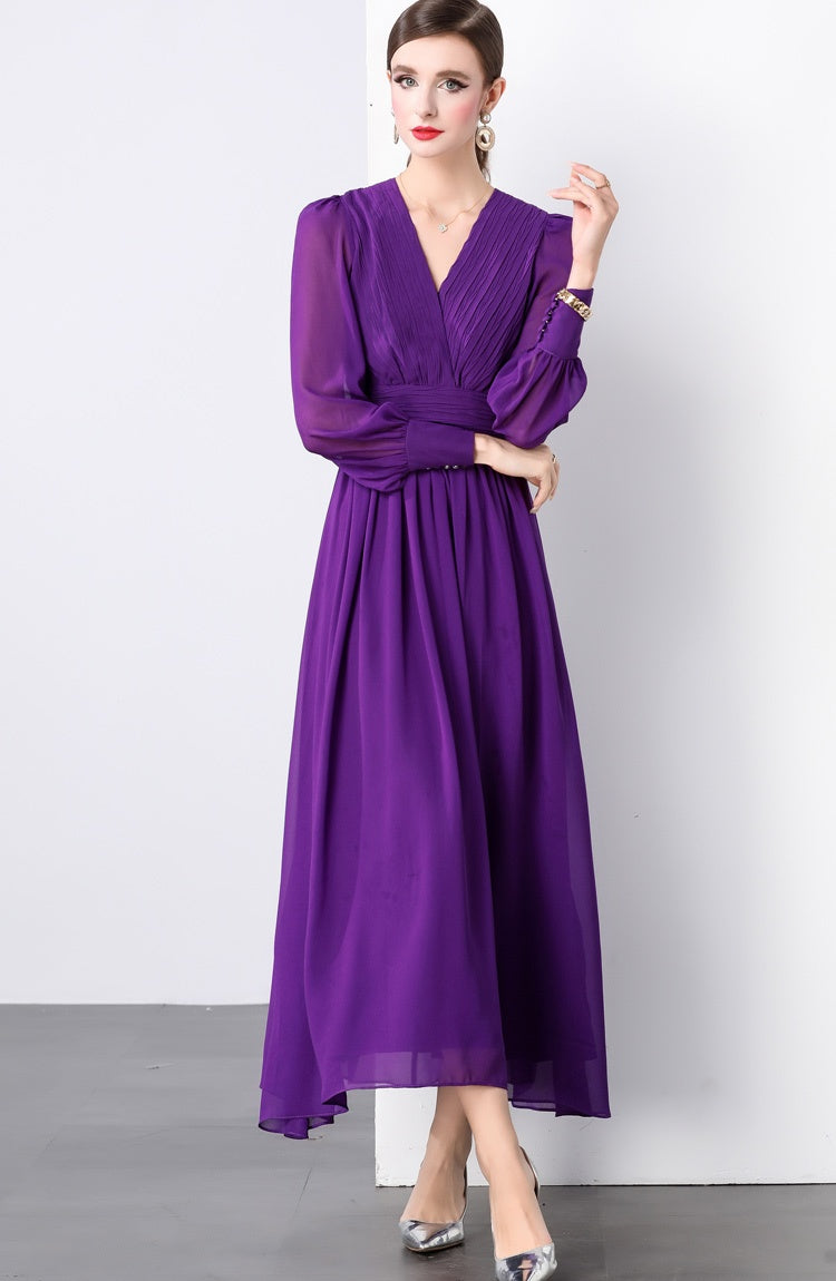 CM-DY022926 Women Elegant European Style V-Neck Long Sleeve A-Line Maxi Dress - Purple