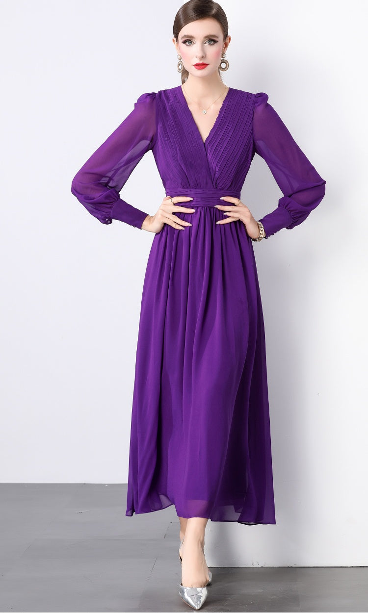 CM-DY022926 Women Elegant European Style V-Neck Long Sleeve A-Line Maxi Dress - Purple