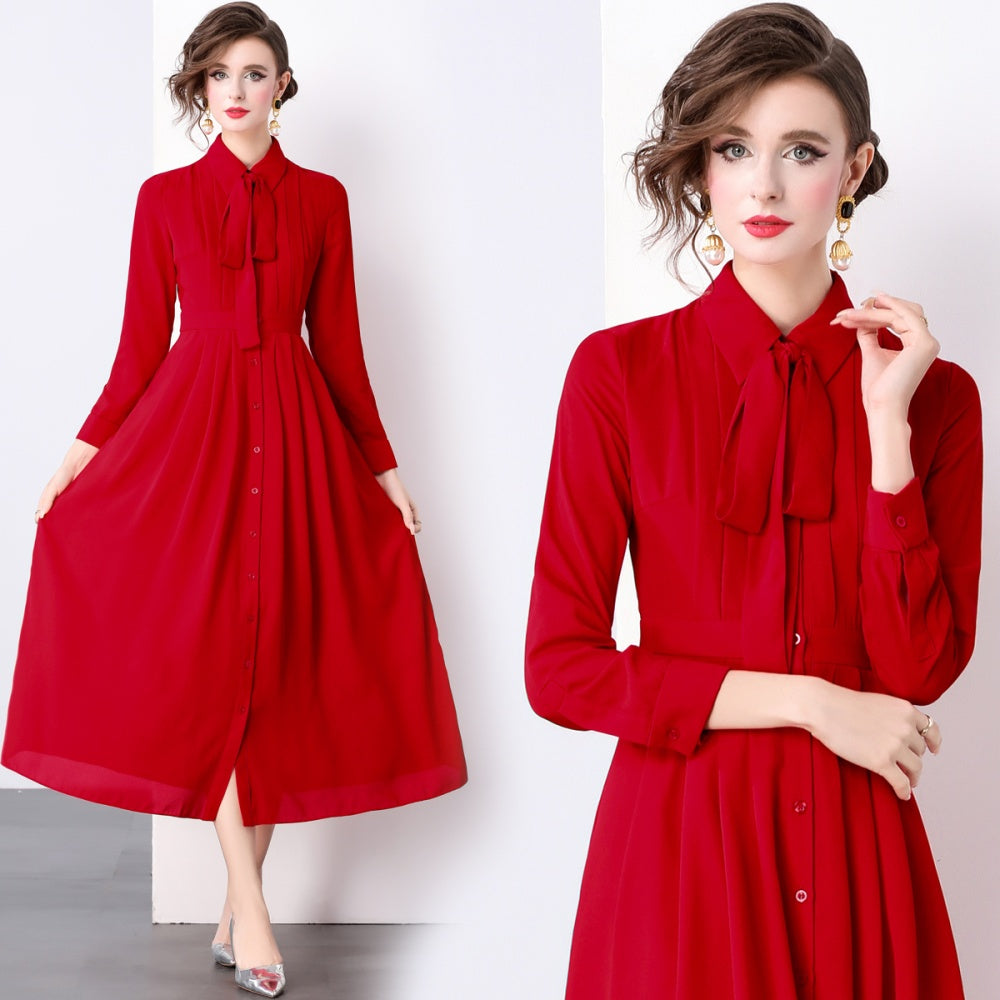 CM-DY022929 Women Elegant European Style Collar Neckline Long Sleeve Pleated Maxi Dress - Red