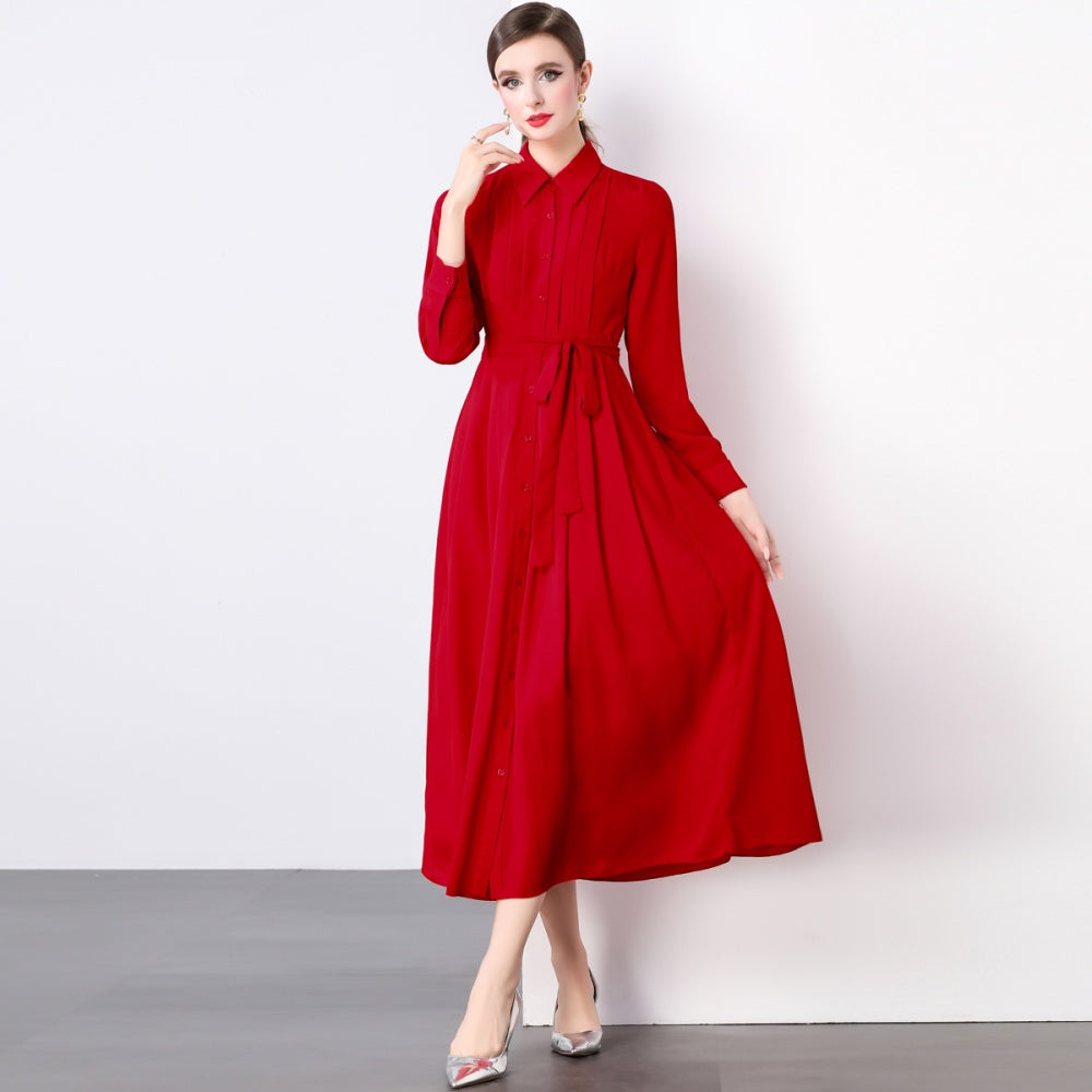 CM-DY022929 Women Elegant European Style Collar Neckline Long Sleeve Pleated Maxi Dress - Red