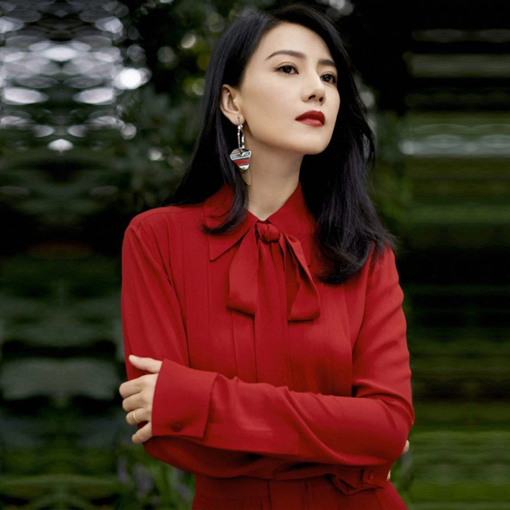 CM-DY022929 Women Elegant European Style Collar Neckline Long Sleeve Pleated Maxi Dress - Red