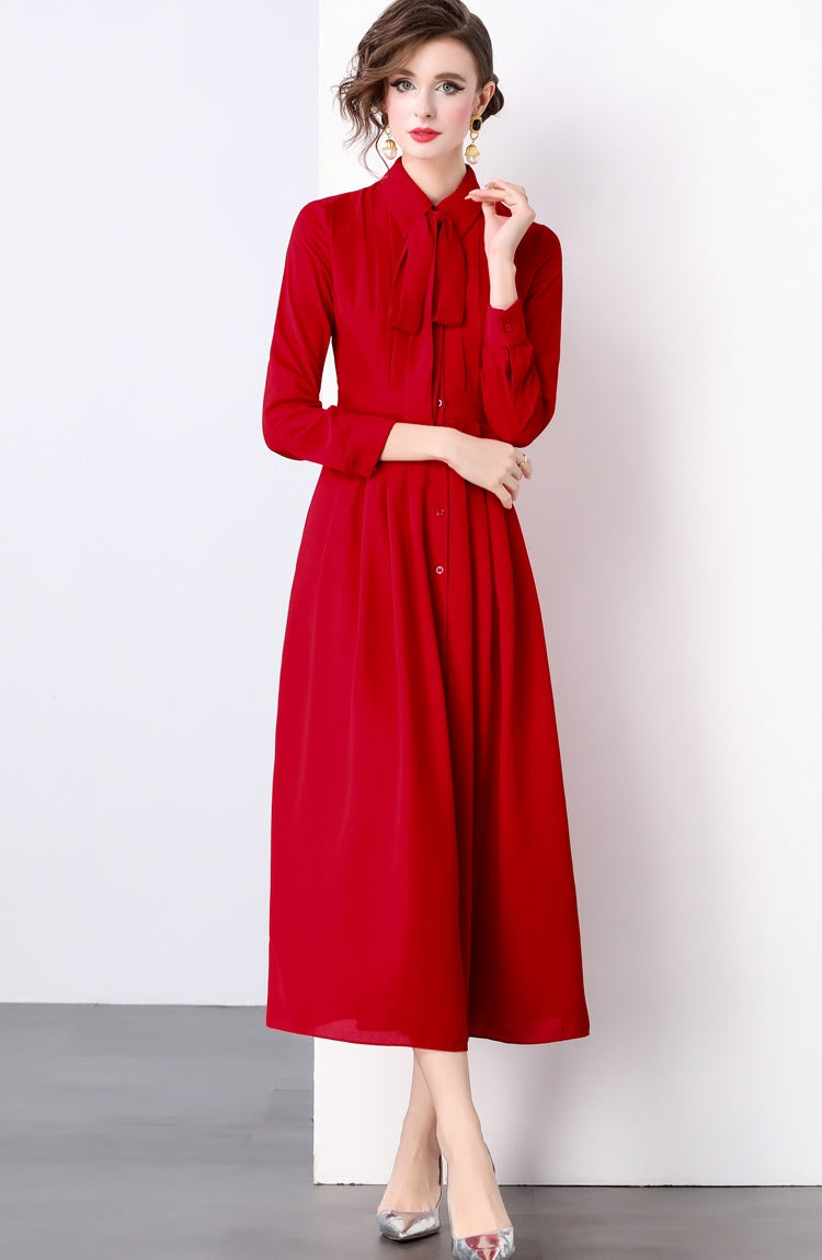 CM-DY022929 Women Elegant European Style Collar Neckline Long Sleeve Pleated Maxi Dress - Red