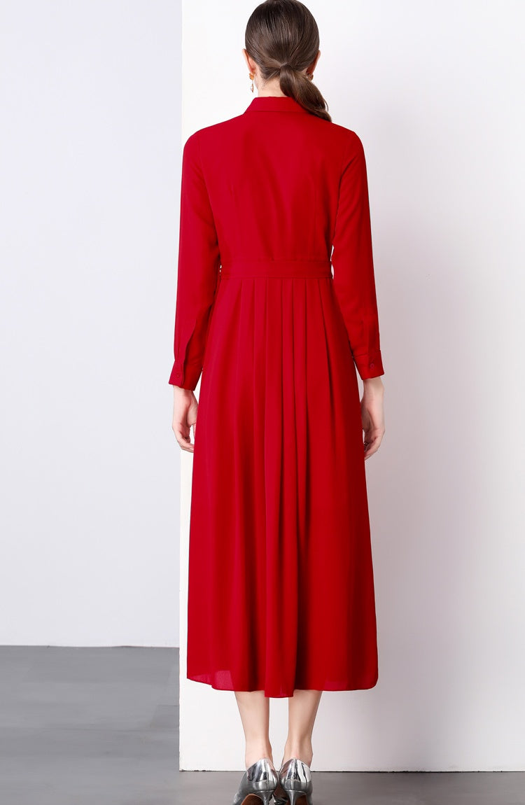 CM-DY022929 Women Elegant European Style Collar Neckline Long Sleeve Pleated Maxi Dress - Red