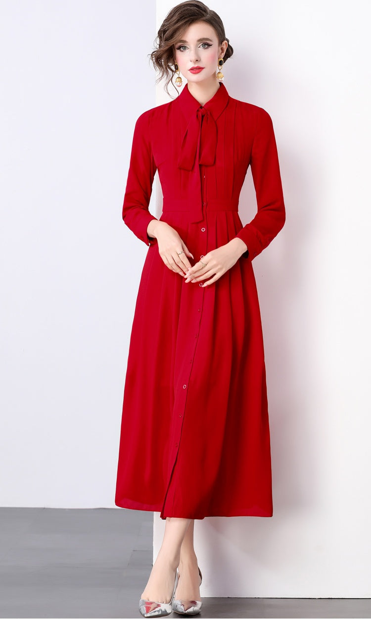 CM-DY022929 Women Elegant European Style Collar Neckline Long Sleeve Pleated Maxi Dress - Red