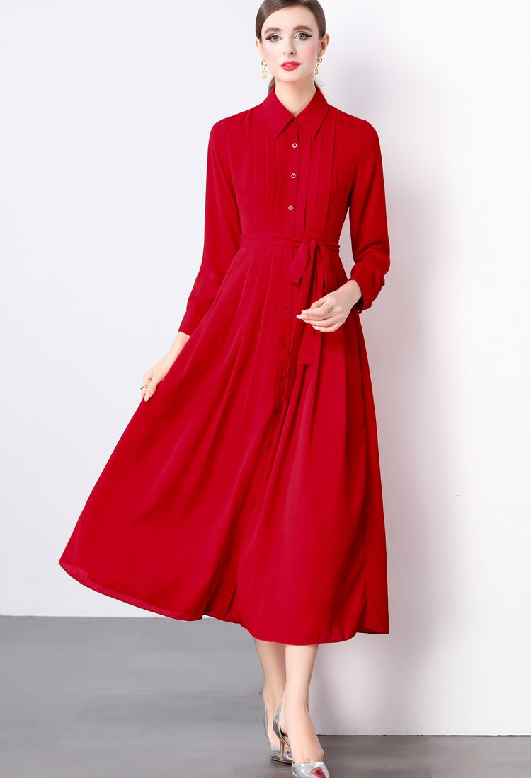CM-DY022929 Women Elegant European Style Collar Neckline Long Sleeve Pleated Maxi Dress - Red