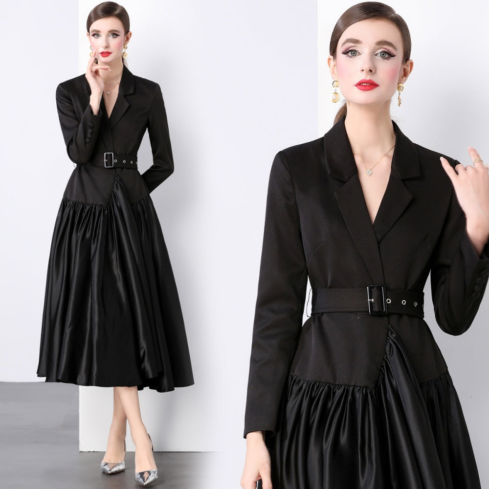 CM-DY022930 Women Elegant European Style Collar Neckline Long Sleeve Maxi Dress - Black