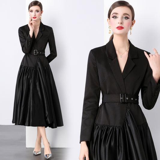 CM-DY022930 Women Elegant European Style Collar Neckline Long Sleeve Maxi Dress - Black