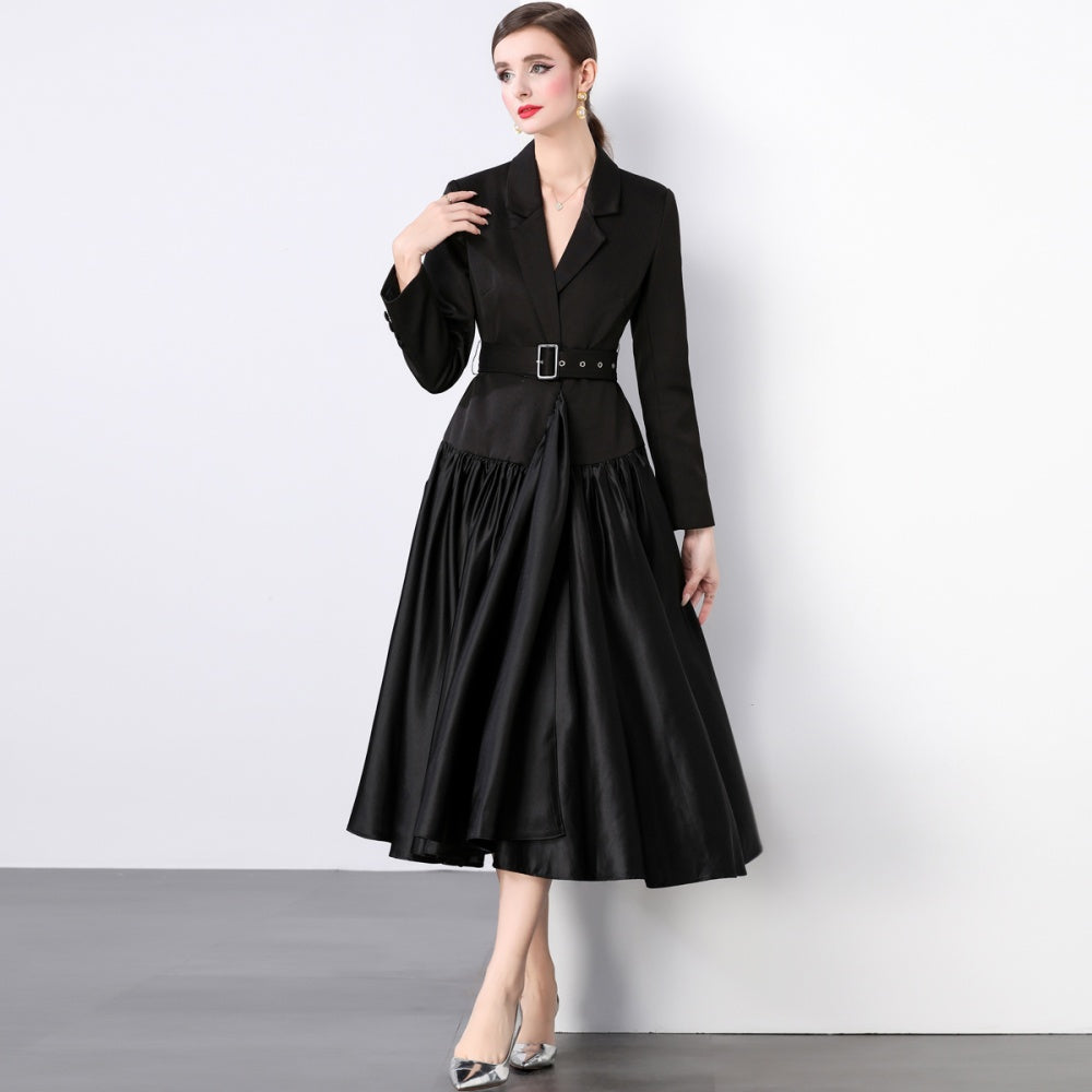 CM-DY022930 Women Elegant European Style Collar Neckline Long Sleeve Maxi Dress - Black