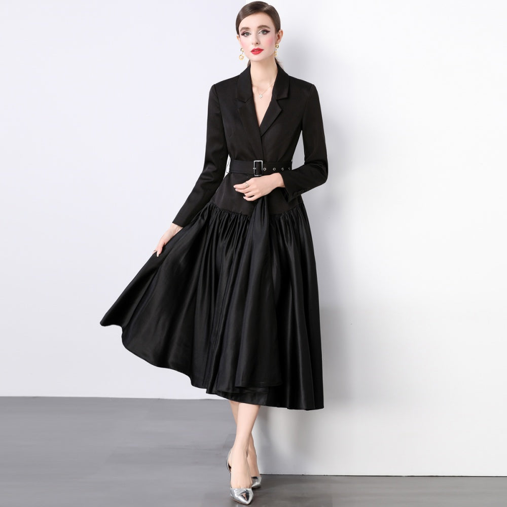 CM-DY022930 Women Elegant European Style Collar Neckline Long Sleeve Maxi Dress - Black
