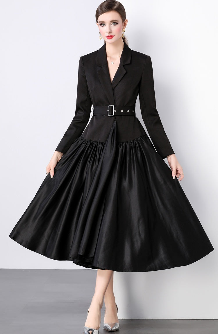 CM-DY022930 Women Elegant European Style Collar Neckline Long Sleeve Maxi Dress - Black