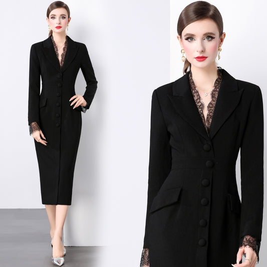 CM-DY022931 Women Elegant European Style V-Neck Long Sleeve Lace Dress - Black
