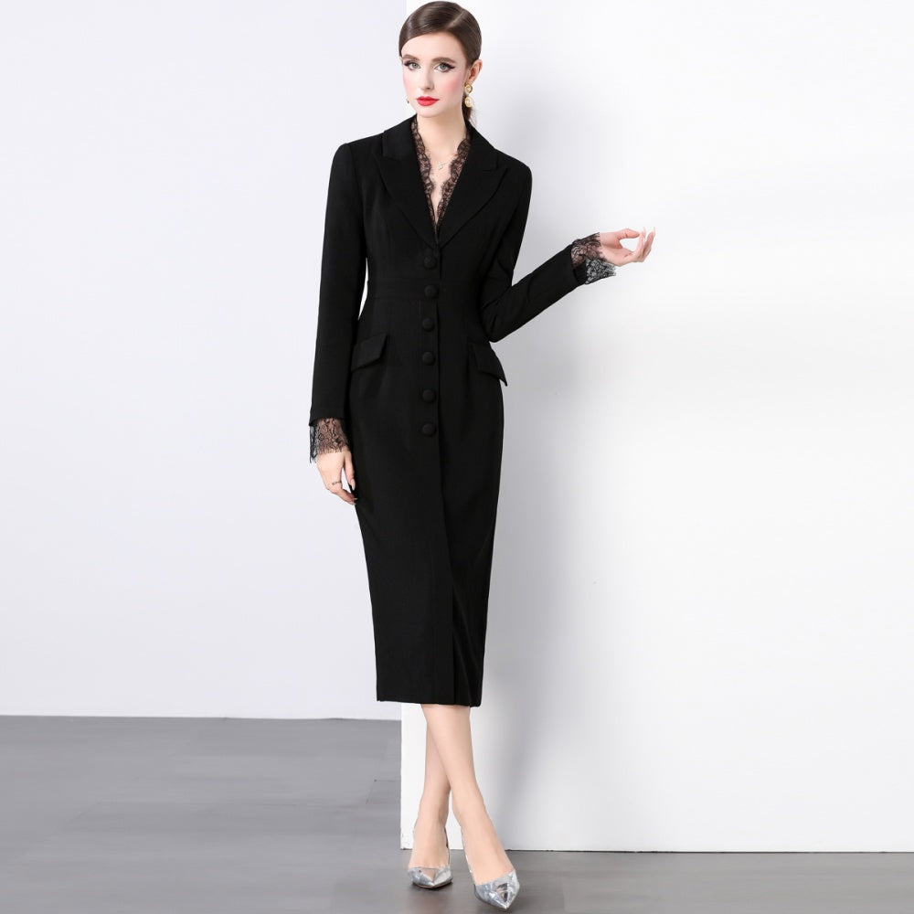 CM-DY022931 Women Elegant European Style V-Neck Long Sleeve Lace Dress - Black
