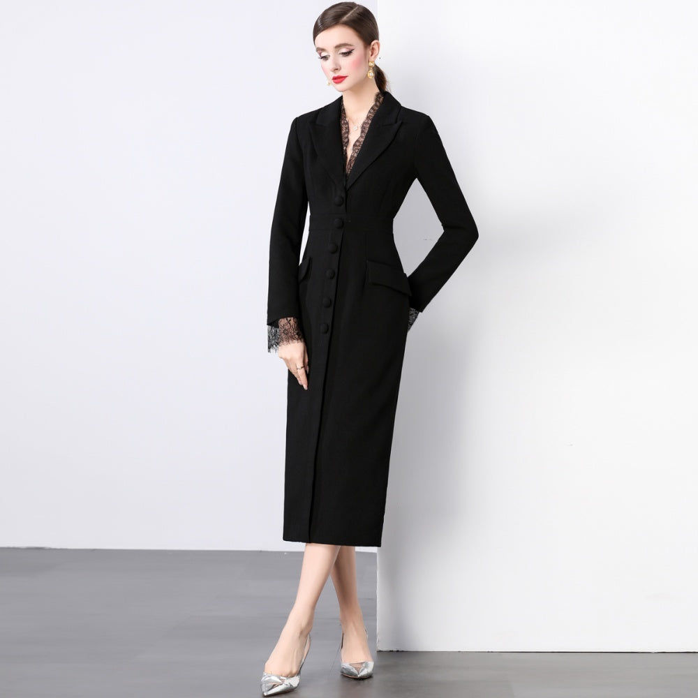 CM-DY022931 Women Elegant European Style V-Neck Long Sleeve Lace Dress - Black