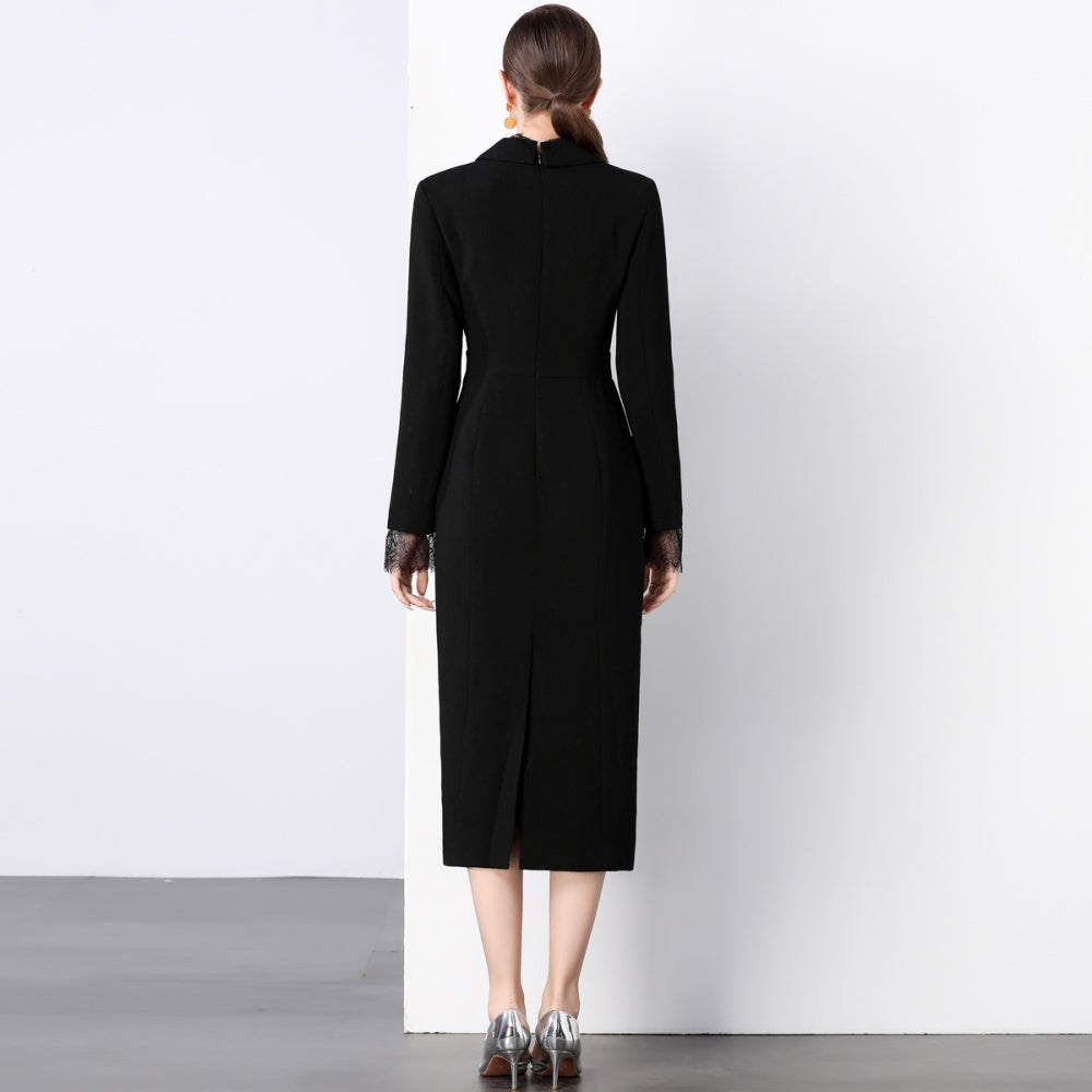 CM-DY022931 Women Elegant European Style V-Neck Long Sleeve Lace Dress - Black