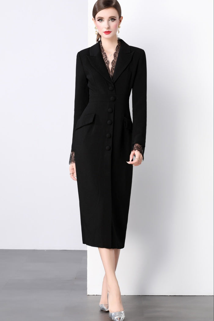 CM-DY022931 Women Elegant European Style V-Neck Long Sleeve Lace Dress - Black