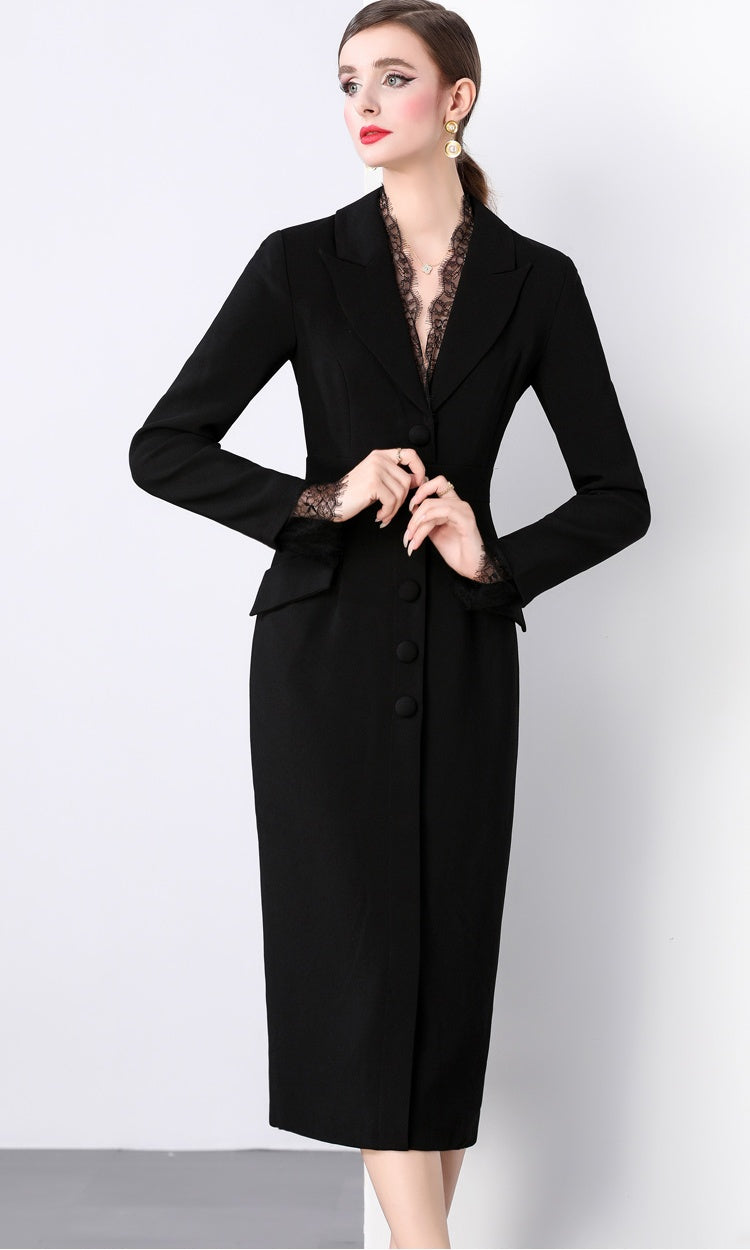 CM-DY022931 Women Elegant European Style V-Neck Long Sleeve Lace Dress - Black