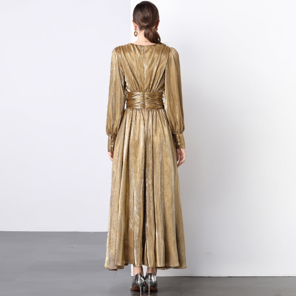 CM-DY022932 Women Elegant European Style V-Neck Long Sleeve Maxi Dress - Brown