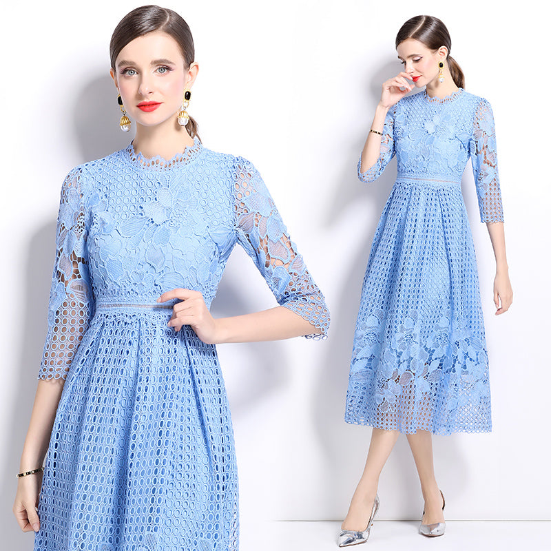 CM-DY022934 Women Elegant European Style Lace Long Sleeve Printing Slim Hollow Dress