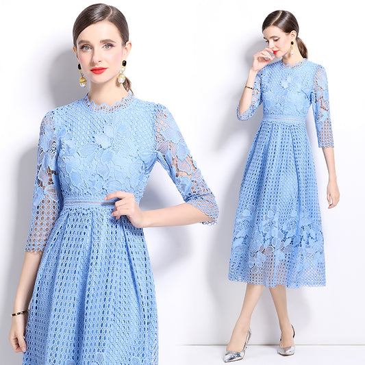 CM-DY022934 Women Elegant European Style Lace Long Sleeve Printing Slim Hollow Dress
