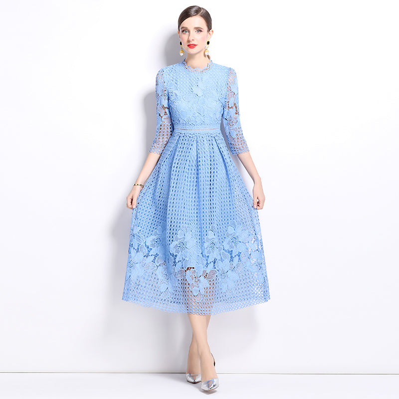 CM-DY022934 Women Elegant European Style Lace Long Sleeve Printing Slim Hollow Dress