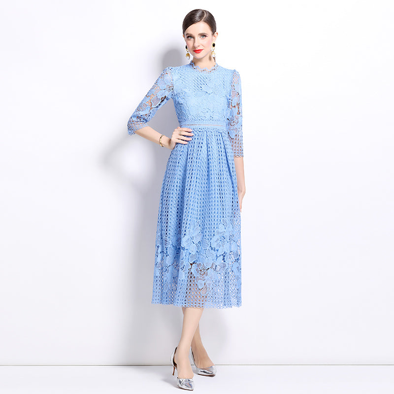 CM-DY022934 Women Elegant European Style Lace Long Sleeve Printing Slim Hollow Dress