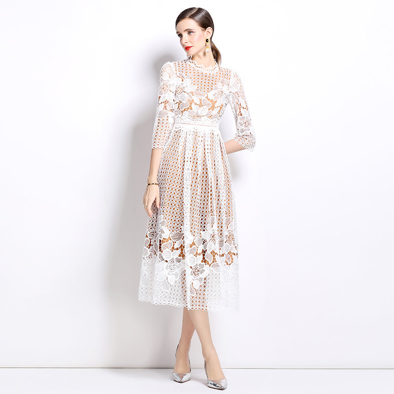 CM-DY022935 Women Elegant European Style Lace Long Sleeve Printing Hollow Slim Dress