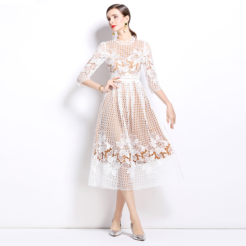 CM-DY022935 Women Elegant European Style Lace Long Sleeve Printing Hollow Slim Dress