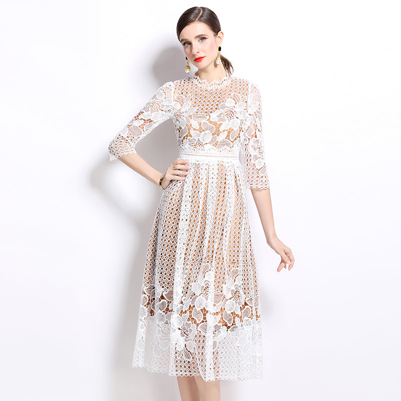 CM-DY022935 Women Elegant European Style Lace Long Sleeve Printing Hollow Slim Dress