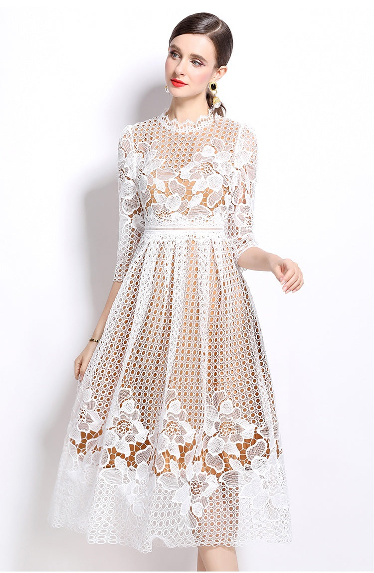 CM-DY022935 Women Elegant European Style Lace Long Sleeve Printing Hollow Slim Dress
