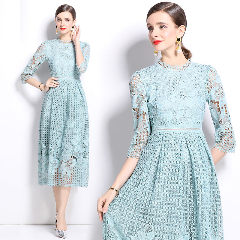 CM-DY022936 Women Elegant European Style Long Sleeve Printing Hollow Lace Slim Dress