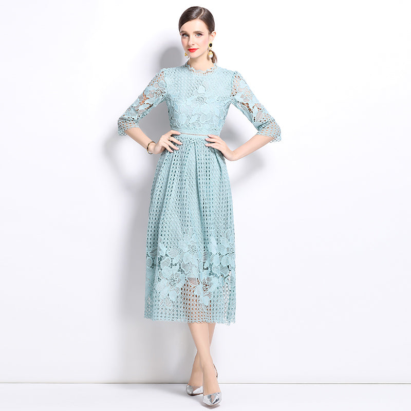 CM-DY022936 Women Elegant European Style Long Sleeve Printing Hollow Lace Slim Dress