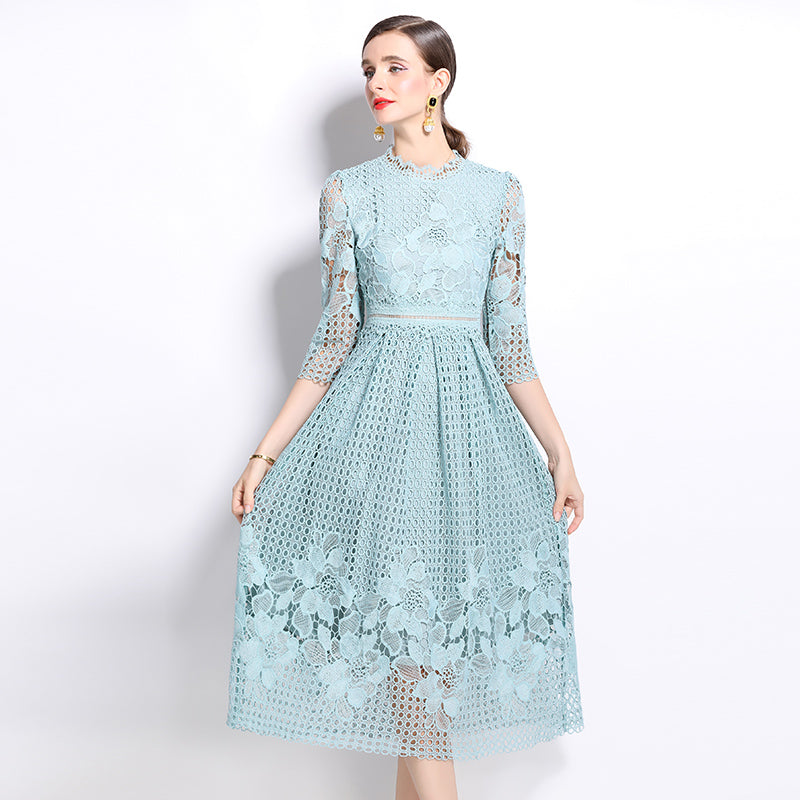 CM-DY022936 Women Elegant European Style Long Sleeve Printing Hollow Lace Slim Dress