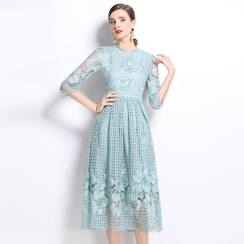 CM-DY022936 Women Elegant European Style Long Sleeve Printing Hollow Lace Slim Dress