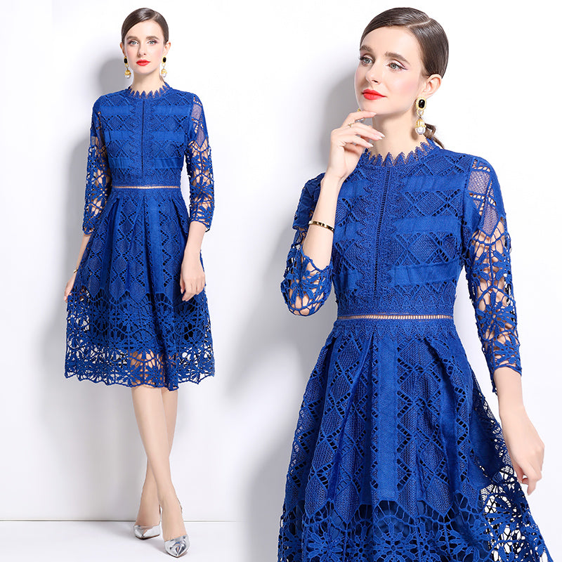CM-DY022938 Women Elegant European Style Long Sleeve Lace Hollow Slim Printing Dress